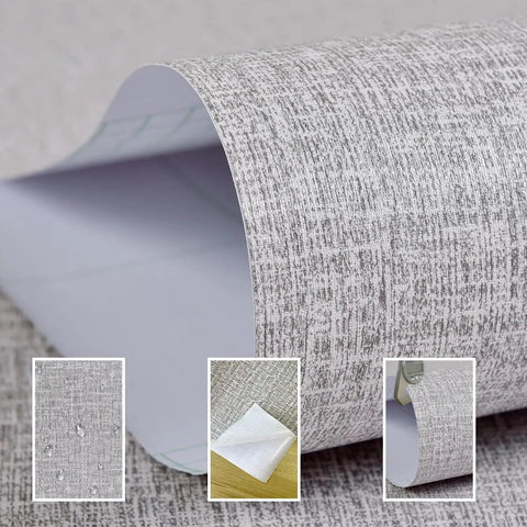 Close-up of Textured Fabric Wallpaper Gray Faux Grasscloth Peel And Stick Waterproof Self Adhesive Roll showing texture and adhesion