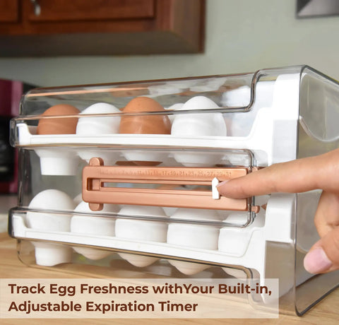 Egg Holder For Refrigerator With 40 Egg Capacity Two Tray Plastic Design Includes Time Tracker Brush And Nonslip Lid Top No Fuss To Stack And Organize Your Fridge