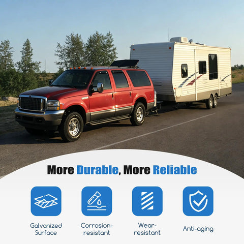 Red SUV towing camper using Built To Last 1.98 Inch Trailer Axle Dust Caps Zinc Plated Hub Bearing Dust Cap For 2000 To 3500 Pound Axles Fits Dexter EZ Lube Trailer Camper RV Boat Wheel Center Grease Cover.