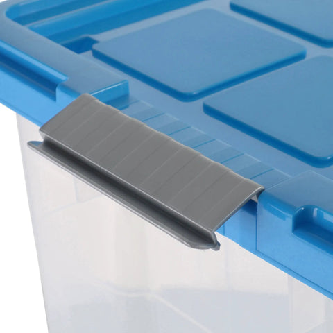 Close-up of Heavy Duty Rolling Storage Bin With Secure Lid And Smooth Ride Wheels, showing secure gray clip on lid.