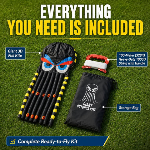 Giant 26 Foot 3D Octopus Kite With String In Blue Sky Foil Style kit including kite, handle, and storage bag on grass.