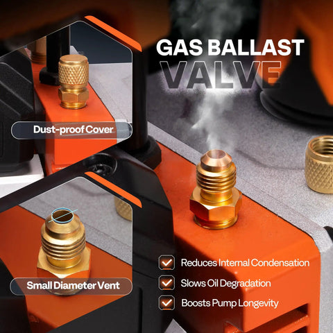 Close-up of gas ballast valve on Shop Grind 1.5HP Dual Stage AC Vacuum Pump for HVAC refrigerant extraction.