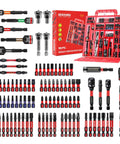 98 Piece Impact Screwdriver Bit Set With Magnetic S2 Steel Bits 1in and 2in in red storage box case for heavy duty projects