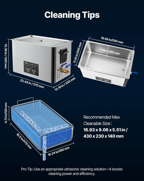 40kHz 30L Ultrasonic Cleaner With Digital Display And 480W Stainless Steel Heavy Duty Pro Grade Cleaning Machine For Carburetors Watch Parts Airbrush Tips And Small Hardware Includes Cleaning Basket For Deep Precise Cleaning, size guide view