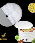 8 Pack Round Silicone Dehydrator Sheets 13x13 Inch Nonstick Reusable Mesh Mats with a loaded dehydrator and fruit slices