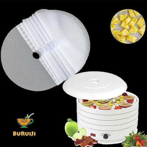 8 Pack Round Silicone Dehydrator Sheets 13x13 Inch Nonstick Reusable Mesh Mats with a loaded dehydrator and fruit slices