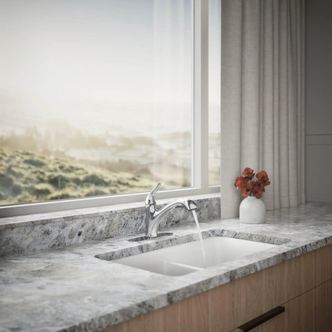 Jolt Pull-Out Kitchen Faucet With Two-Function Sprayhead, Touch Control, 1.5 GPM, Chrome Finish, installed on marble countertop