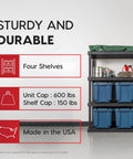 Four Shelf Beefy Heavy Duty Plastic Storage Shelves With 600 Pound Capacity, 56 Inches High, shown with bins and tools