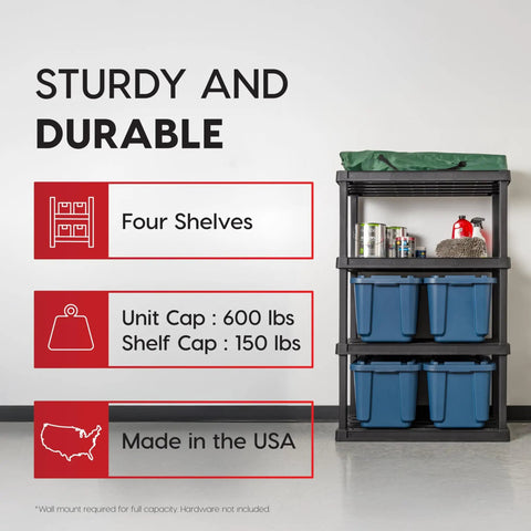 Four Shelf Beefy Heavy Duty Plastic Storage Shelves With 600 Pound Capacity, 56 Inches High, shown with bins and tools