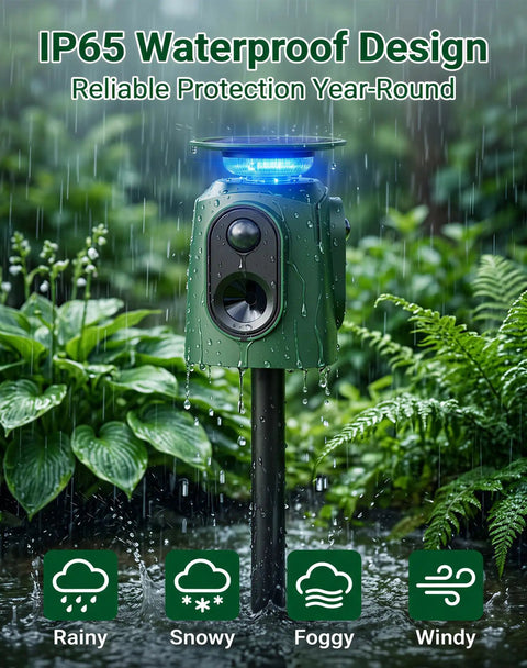 Two Pack 360 Degree Solar Animal Repeller With Ultrasonic Sound Motion Sensor And LED Lights Waterproof Outdoor Cat Dog Raccoon and Coyote Deterrent USB Rechargeable Yard Protection, IP65