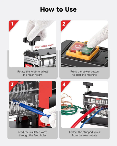 Electric Wire Stripper Machine No-Fuss 7 Channel And 7 Blades For 0.06-1.1 In Wires, 60W Motor, step-by-step usage guide