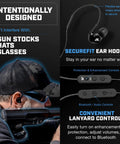 Extreme 2 Point 0 Shooting Ear Buds With Hearing Enhancement Noise Isolation Bluetooth And Dynamic Speakers 25 Hour Battery All In One 3 In 1 Ear Protection For Range Day Muffles Gunfire While Delivering Crisp Audio displayed with ear hooks and controls
