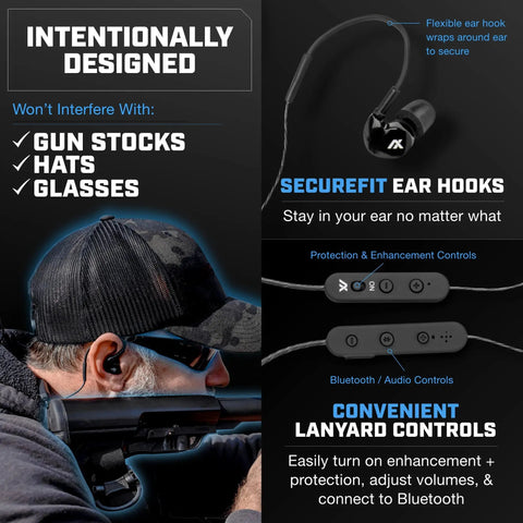 Extreme 2 Point 0 Shooting Ear Buds With Hearing Enhancement Noise Isolation Bluetooth And Dynamic Speakers 25 Hour Battery All In One 3 In 1 Ear Protection For Range Day Muffles Gunfire While Delivering Crisp Audio displayed with ear hooks and controls