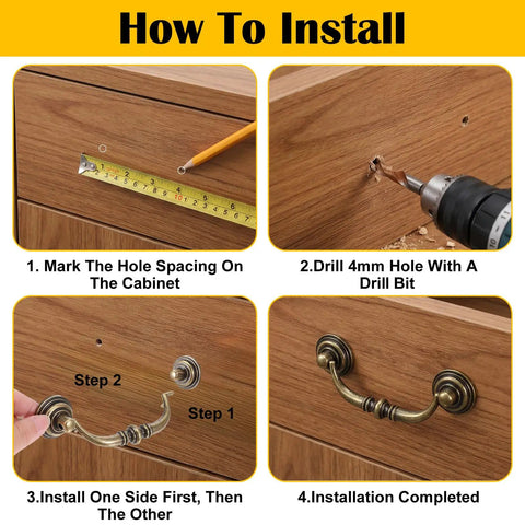 Installation guide for 12 Pack Antique Bronze Drop Bail Pulls For Cabinets And Dressers, 3.5 Inch Center To Center, DIY steps shown.