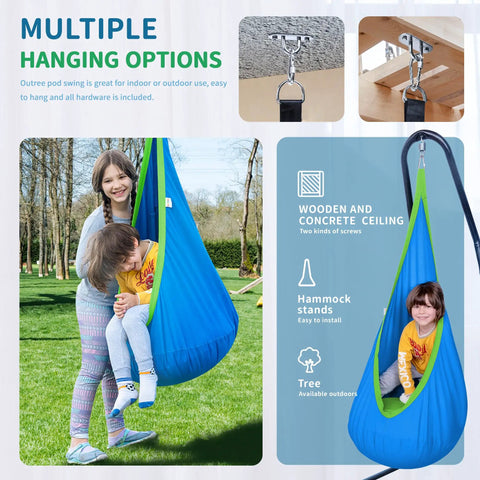 Kids Pod Swing Seat Cotton Hammock Chair for Indoor and Outdoor Play Blue Sensory Swing in use outdoors with children.