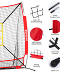 6x6ft Baseball And Softball Net For Hitting Pitching And Throwing Portable Batting Practice Net With Adjustable Strike Zone And Sturdy Bow Frame Includes Tee Great For Kids Red featuring net details and frame components.