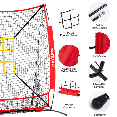 6x6ft Baseball And Softball Net For Hitting Pitching And Throwing Portable Batting Practice Net With Adjustable Strike Zone And Sturdy Bow Frame Includes Tee Great For Kids Red featuring net details and frame components.