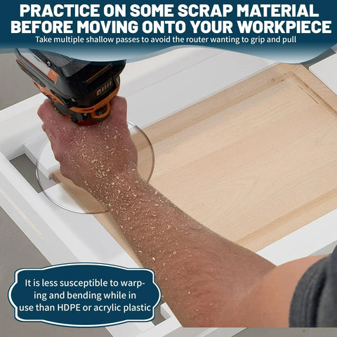 Person using Dope Juice Groove Router Jig With 8 Spacers on wooden cutting board, adjustable jig in action