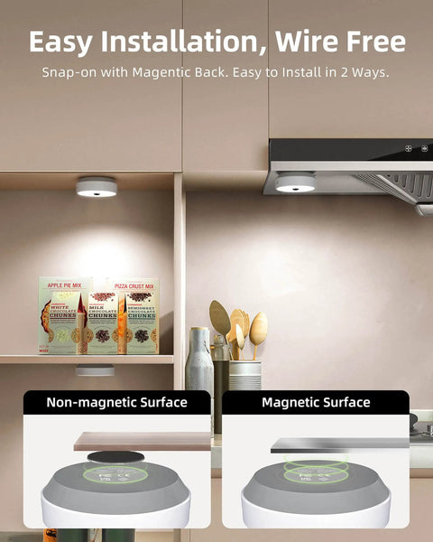 Under Cabinet Lights With Motion Sensor And 2 Color Temps Puck LEDs 1200mAh Rechargeable Battery Group Control Dimmable Closet And Counter Lighting Perfect For Kitchen Cabinets 3 Pack displayed with installation methods