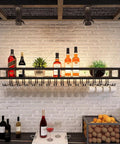 Heavy Duty Wall Mounted Wine Rack Featuring Premium Steel Construction Alongside Integrated Glass Storage Space Saving Profile Ready For Any Badass Home Bar Or Relaxing Kitchen Nook with bottles and glasses.
