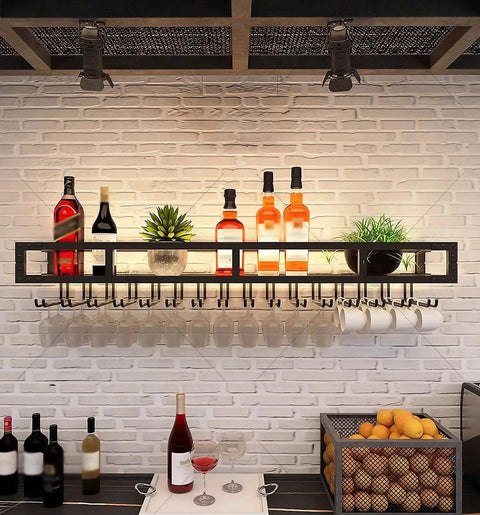 Heavy Duty Wall Mounted Wine Rack Featuring Premium Steel Construction Alongside Integrated Glass Storage Space Saving Profile Ready For Any Badass Home Bar Or Relaxing Kitchen Nook with bottles and glasses.
