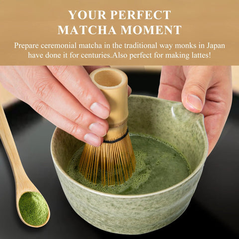 Person using Pink Matcha Whisk Set With Chasen Holder And Ceramic Stand Includes Bamboo Scoop Fine Mesh Sifter And Tea Tools For Ceremony Gift For Home Barista Vibes And Everyday Froth, whisking matcha in a green bowl.