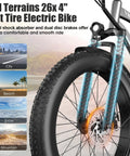 Front view of a Beast 1000W Peak Fat Tire Electric Mountain Bike with 26x4 tires and disc brakes for all-terrain use.