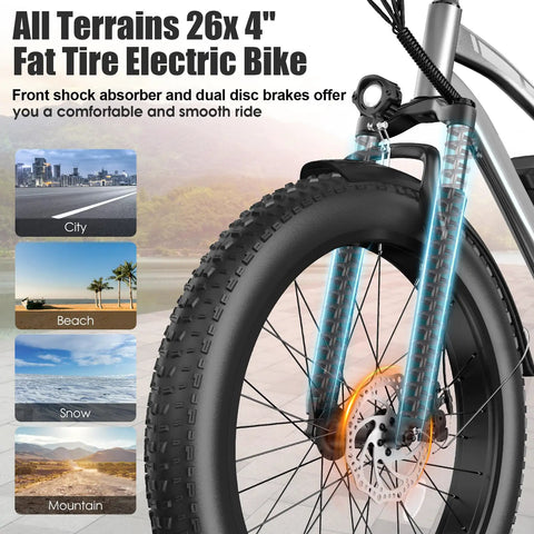 Front view of a Beast 1000W Peak Fat Tire Electric Mountain Bike with 26x4 tires and disc brakes for all-terrain use.