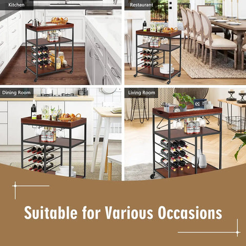 Slick Rolling Kitchen Island Cart With Rustic Brown Wood And Steel Frame Nine Bottle Wine Rack Double Glass Holders Lockable Wheels Utility Beverage Trolley For Tight Spaces And Weekend Kickbacks