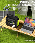 Badass 300W Portable Power Station With 222Wh Capacity And Pure Sine Wave Solar Generator charging a laptop on camping table.