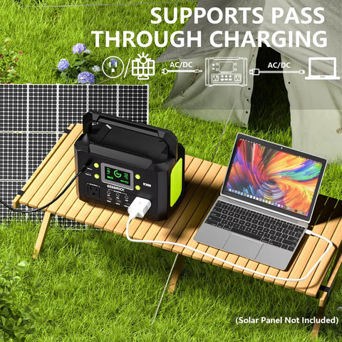 Badass 300W Portable Power Station With 222Wh Capacity And Pure Sine Wave Solar Generator charging a laptop on camping table.