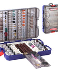 All In One 698 Piece Rotary Tool Accessories Kit with organized diamond cutting wheels, sanding bands in a blue storage case.