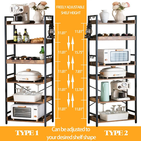 Adjustable Six Tier Open Bookcase With Mid Century Rustic Farmhouse Charm And Industrial Wood And Black Metal Build