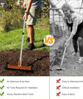 Comparison of Roller Thatch Rake For Lawn With 15 Inch Dethatcher And Smooth Rolling Wheels No Fuss Easy Glide Adjustable 0 To 15 Degrees Extendable 38 To 68 Inch Handle Heavy Duty Metal Yard Care Tool For Dead Grass And Thatch Cleanup being used on a yard vs a manual rake in a garden.