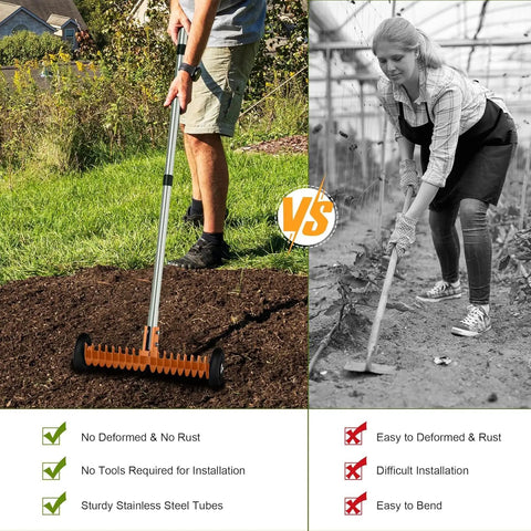 Comparison of Roller Thatch Rake For Lawn With 15 Inch Dethatcher And Smooth Rolling Wheels No Fuss Easy Glide Adjustable 0 To 15 Degrees Extendable 38 To 68 Inch Handle Heavy Duty Metal Yard Care Tool For Dead Grass And Thatch Cleanup being used on a yard vs a manual rake in a garden.
