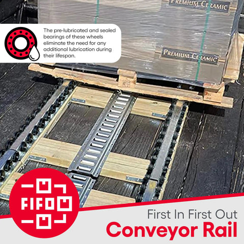 Heavy Duty Roller Conveyor System With Galvanized Steel Rails And Staggered Skate Wheels For Pallets On Trailer Bed