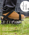 Heavy Duty Lawn Aerator Shoes With Adjustable Straps And 13 Spikes on grass, showcasing 2-Inch And 1.5-Inch Spike Sizes and sturdy base.