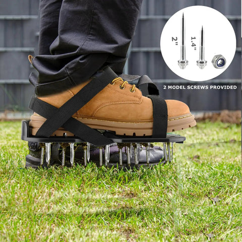 Heavy Duty Lawn Aerator Shoes With Adjustable Straps And 13 Spikes on grass, showcasing 2-Inch And 1.5-Inch Spike Sizes and sturdy base.