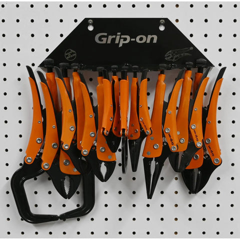 10 Piece Locking Pliers And Clamp Set With Straight And Curved Jaws, Long Nose Pliers, Wire Cutter And C Clamps on rack