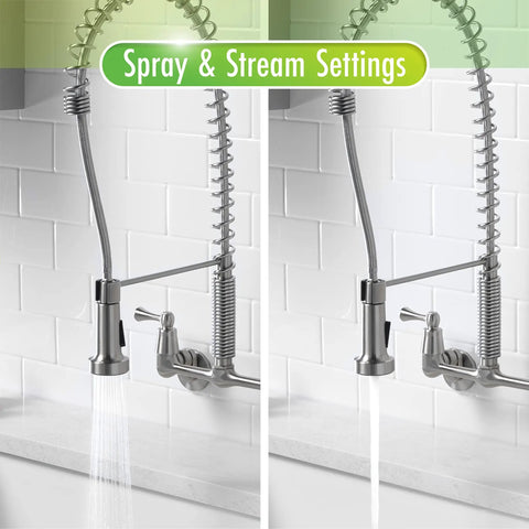 Dual Handle Pro Grade Commercial Style Wall Mount Kitchen Faucet With Pull Down Nozzle And Dual Spray Options In Stainless Steel 1.8 GPM Water Saver For Heavy Duty Kitchens Perfect For Busy Kitchens And Home Chefs