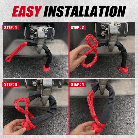Installation steps of Red Soft Shackle Set With Protective Sleeve 57,000 Lbs Breaking Strength for off-road vehicles.
