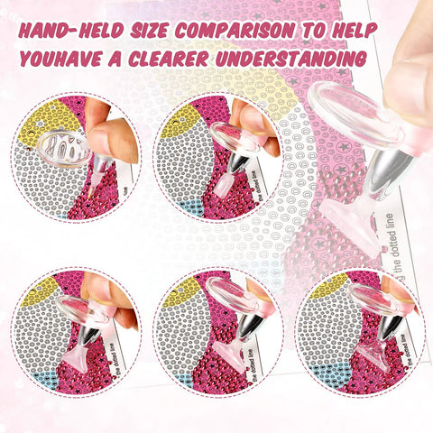 Diamond Painting Pen Kit With Light, showing usage on canvas, includes various heads for precision crafting with pink resin diamonds.