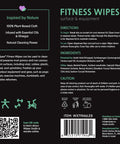 Label of Plant Based Gym Wipes For Fitness Equipment Clean And Sanitize With Lemongrass And Eucalyptus Vinegar EWG, detailing ingredients and usage.