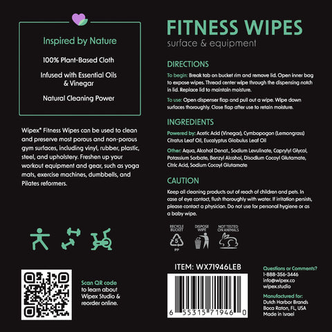 Label of Plant Based Gym Wipes For Fitness Equipment Clean And Sanitize With Lemongrass And Eucalyptus Vinegar EWG, detailing ingredients and usage.