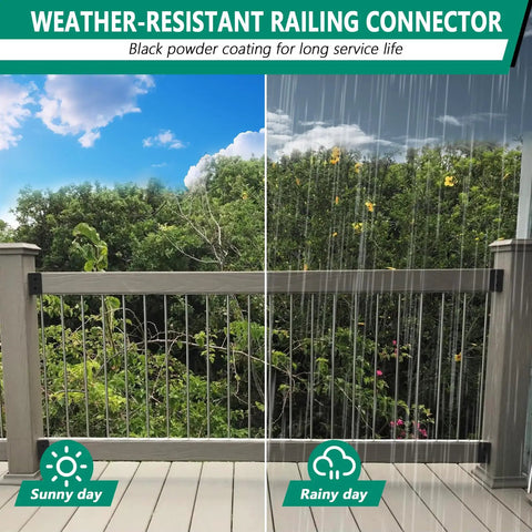 Deck view with weather-resistant railing connector, split view of sunny and rainy day. Black powder coated for longevity.
