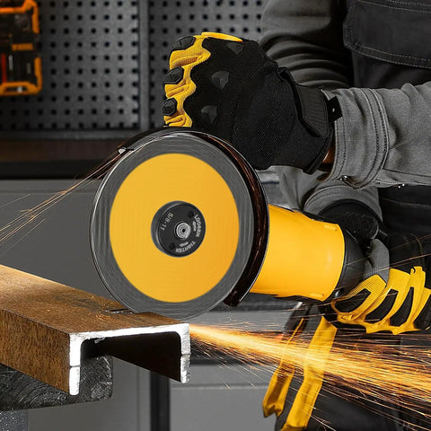 Worker using 5/8-11 Inch Angle Grinder Flange Nut Set - 2 Pack Quick Release Locking Nuts on yellow grinder cutting metal
