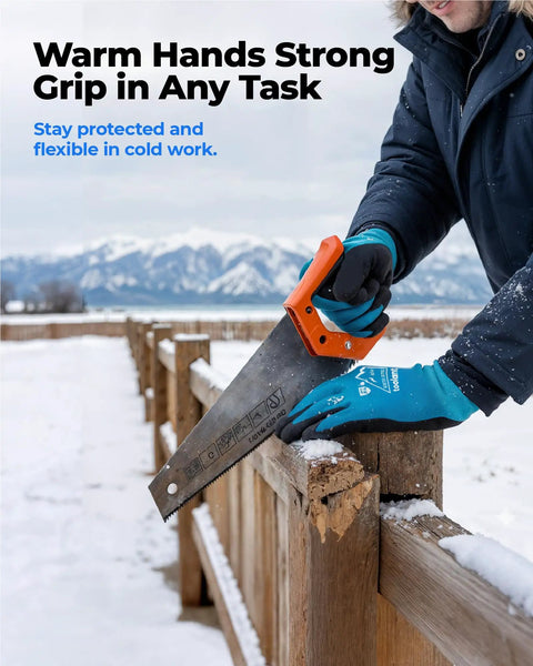 Person using a saw in snow wearing Waterproof Winter Work Gloves for Men and Women, ANSI A4 Cut Resistant, blue, Size M, 1 Pair.