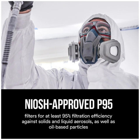 Person wearing mask using Particulate Prefilters 50 Per Case P95 NIOSH Approved Oil Resistant Filters for solids and liquid aerosols
