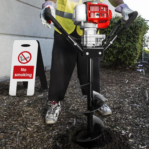 Person operating gas powered earth auger with 6 inch digger bit for post holes and tree planting, 2 stroke engine, heavy duty