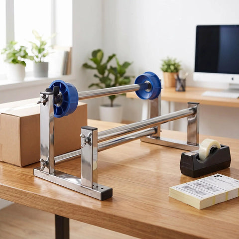 Adjustable Tabletop Stretch Film Dispenser With Cutter Lightweight Metal And Plastic Build Manual Hand Wrap Tool For Cargo And Pallet Wrapping Easy Grab And Go One Hand Operation For Quick Pack Jobs on desk with tape and box